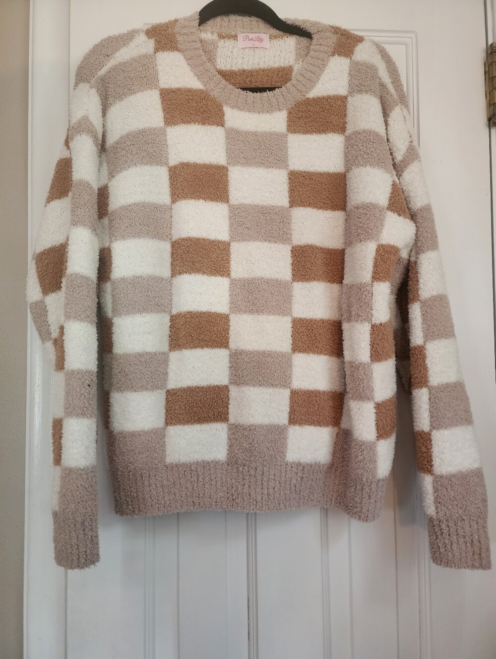 Pink Lily Checkerboard Cozy Crewneck Sweater - Cream & Tan